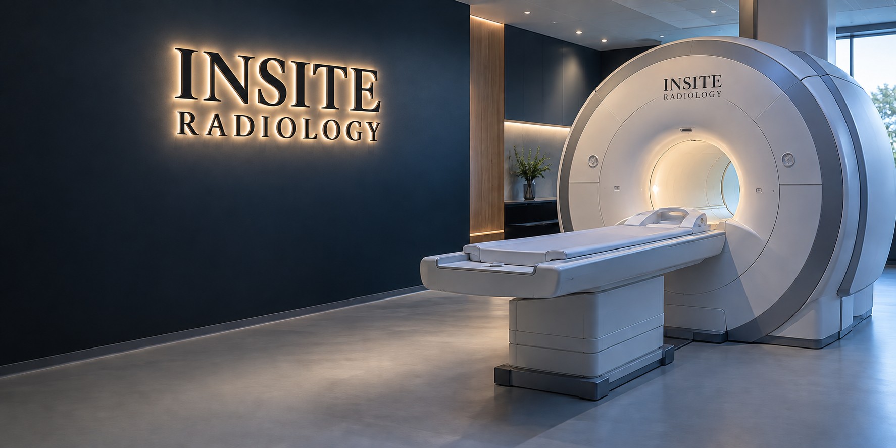 Illustrative MRI suite with Insite Radiology branding on the scanner and an LED-backlit wall sign